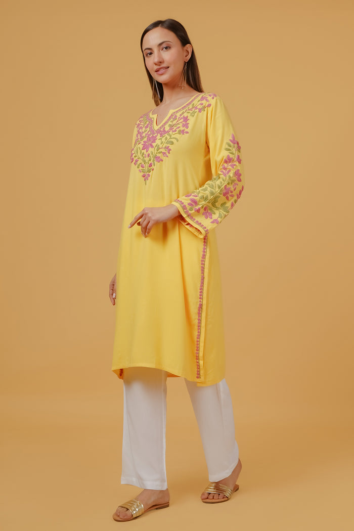 Rayon Chikankari Embroidered Kurta In Rayon - Yellow
