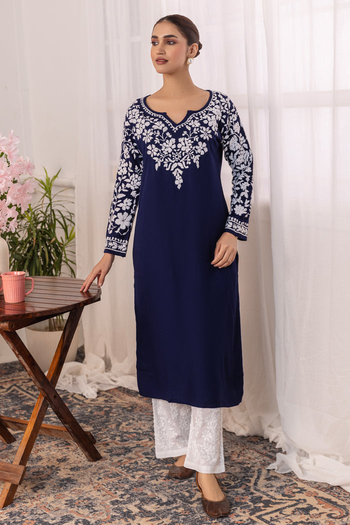 Rayon Chikankari Long Kurta - Navy Blue