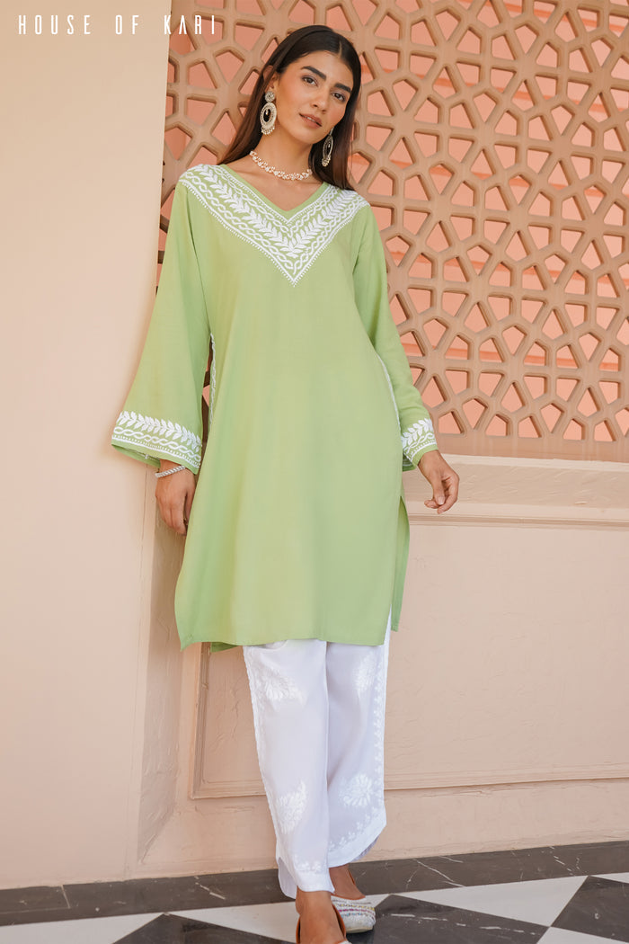 Rayon Chikankari Medium Kurta In Pista Green