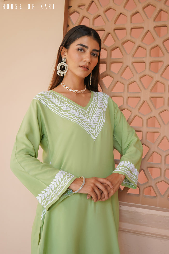 Rayon Chikankari Medium Kurta In Pista Green