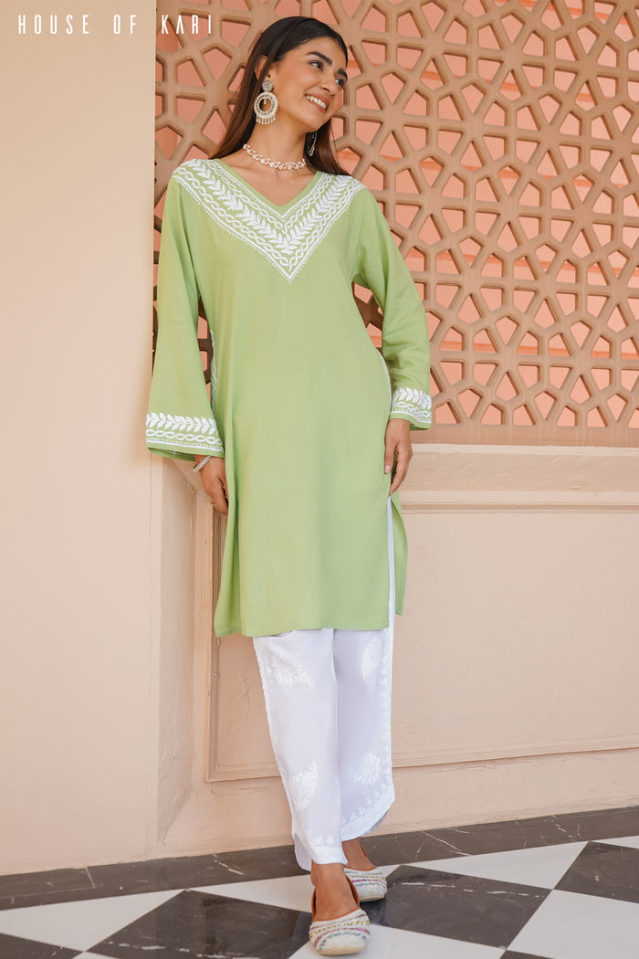 Rayon Chikankari Medium Kurta In Pista Green