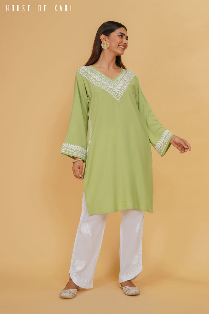 Rayon Chikankari Medium Kurta In Pista Green