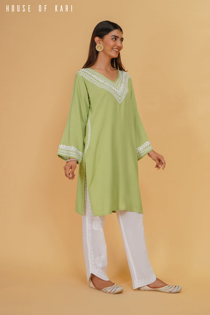 Rayon Chikankari Medium Kurta In Pista Green