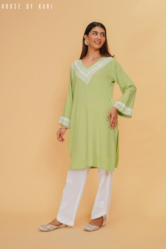 Rayon Chikankari Medium Kurta In Pista Green