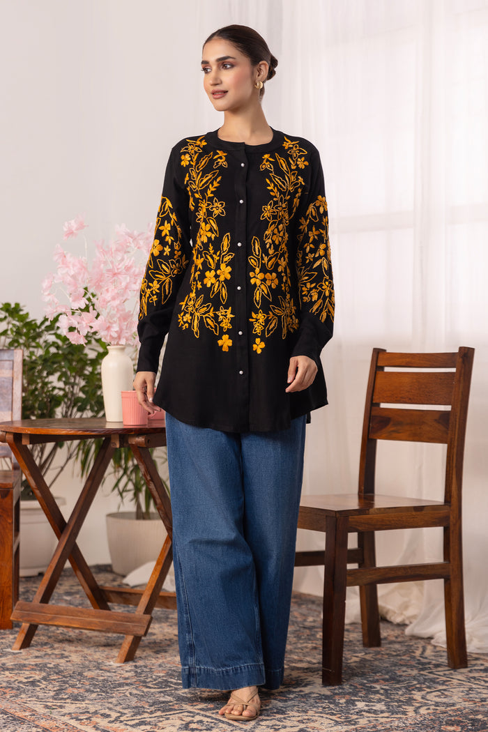 Rayon Chikankari Shirt  - Black