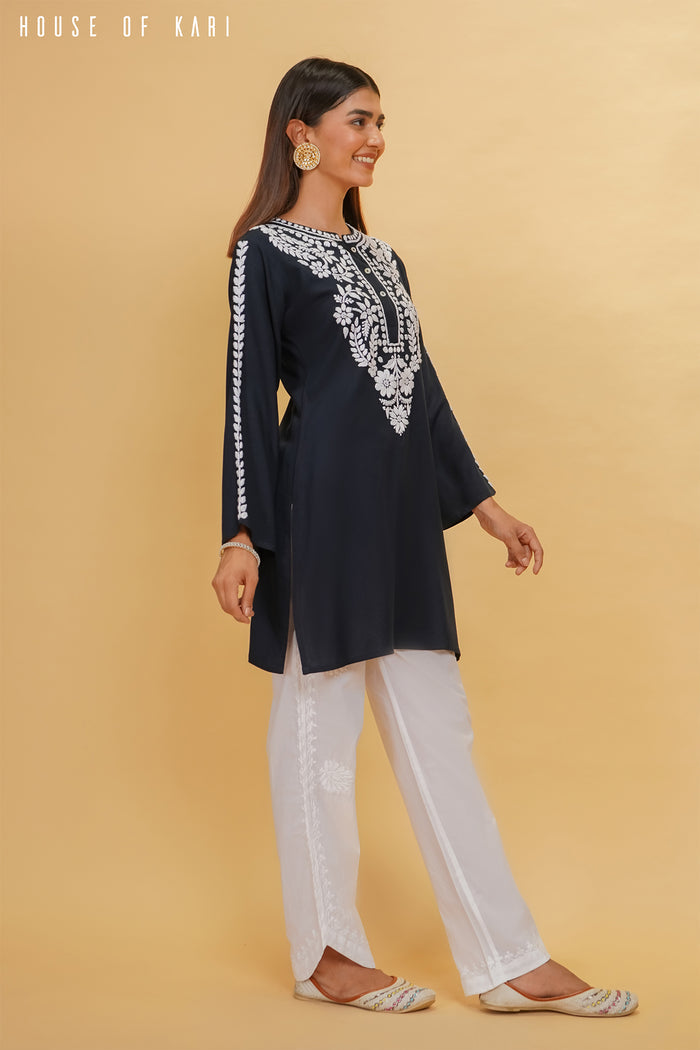 Rayon Chikankari Short Kurta in Navy Blue