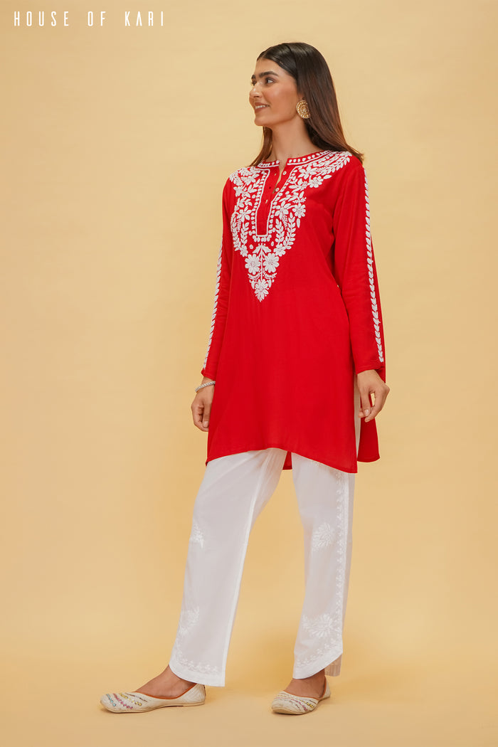 Rayon Chikankari Short Kurta in Red