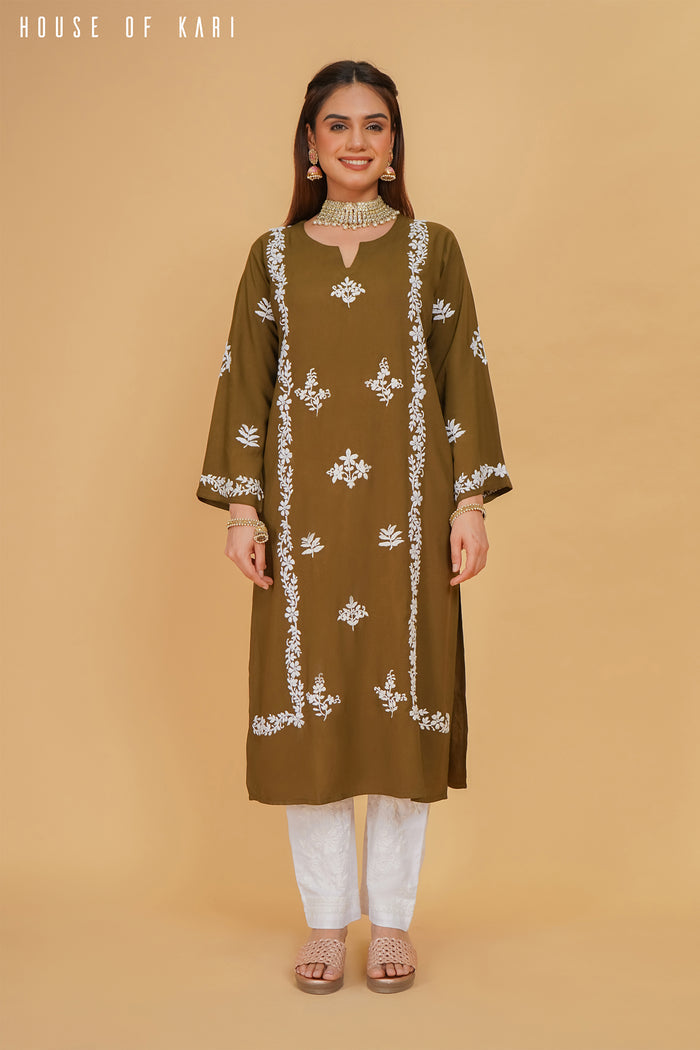 Rayon Chikankari Straight Kurta in Olive Brown
