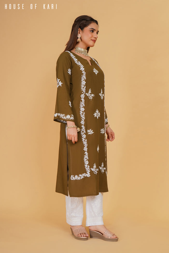 Rayon Chikankari Straight Kurta in Olive Brown