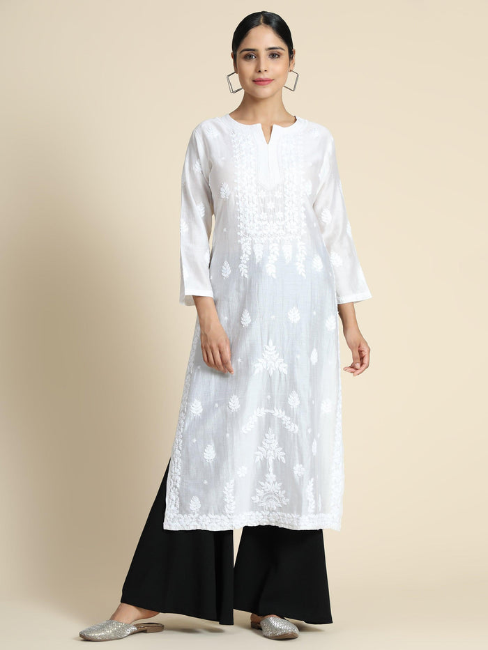 Ria Malhotra in Hand Embroidery Chikankari Long Kurti for Women In Chanderi Silk White-6 - House Of Kari (Chikankari Clothing)