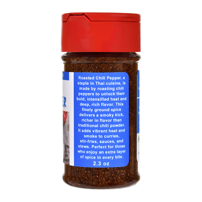 Roasted Chili Pepper Powder spice jar with red lid and blue label on a white background
