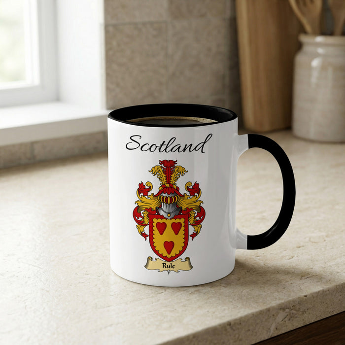 Rule Scottish family crest accent mug with Scotland lettering and coat of arms artwork