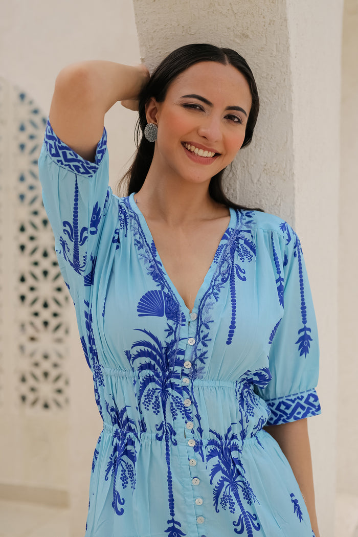 Saba Chikanakri Dress in Printed Poly Muslin - Blue