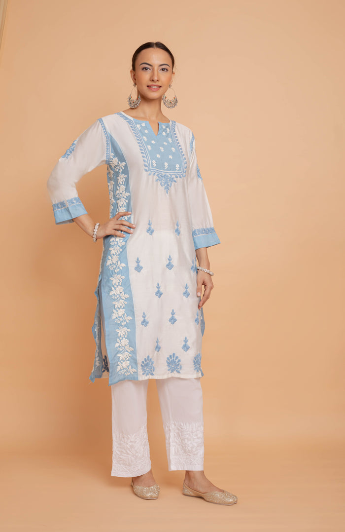Saba Chikankari kurta in Chanderi Silk - White With Blue