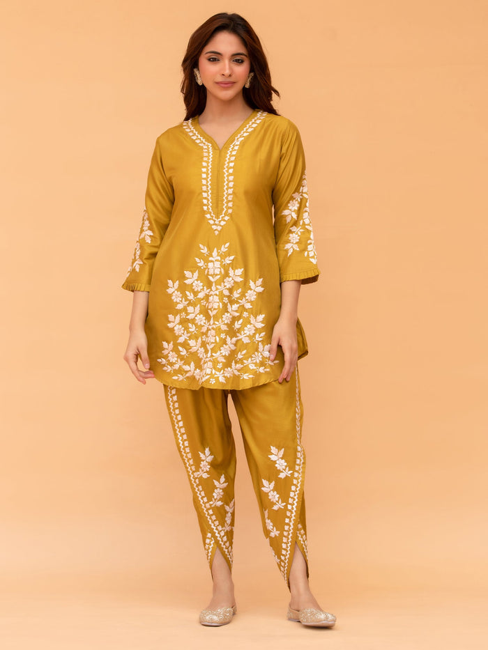Saba Chikankari Kurta Set in Habutai Silk - Mustard