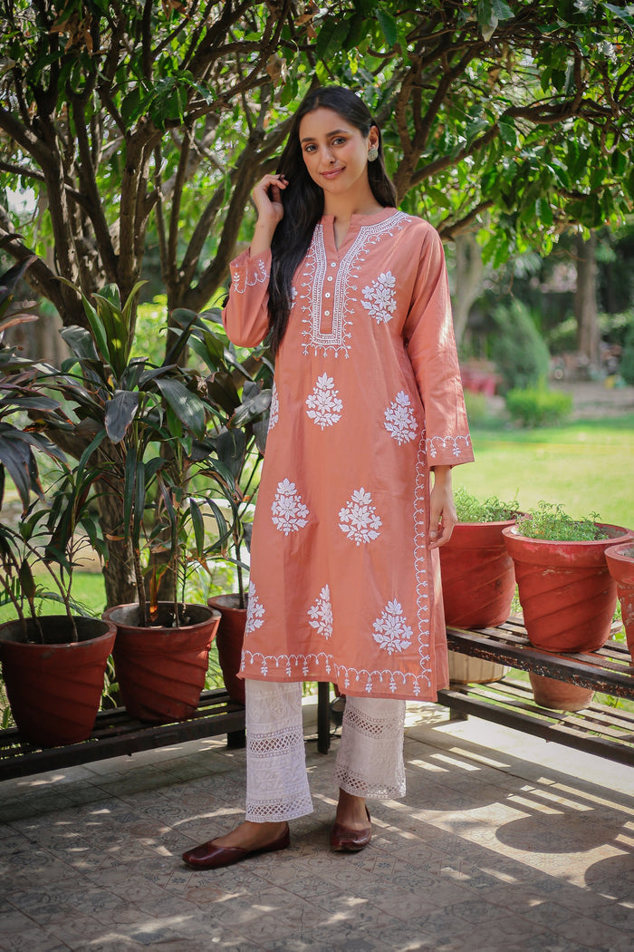 Saba Chikankari Long Kurta In Cotton - Orange
