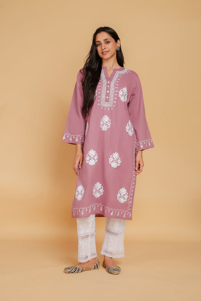 Saba Chikankari Long Kurta In Cotton - Peach