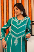 Saba Chikankari Long Kurta In Muslin - Turkish Green