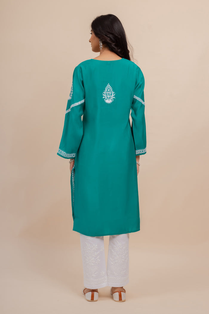 Saba Chikankari Long Kurta In Muslin - Turkish Green
