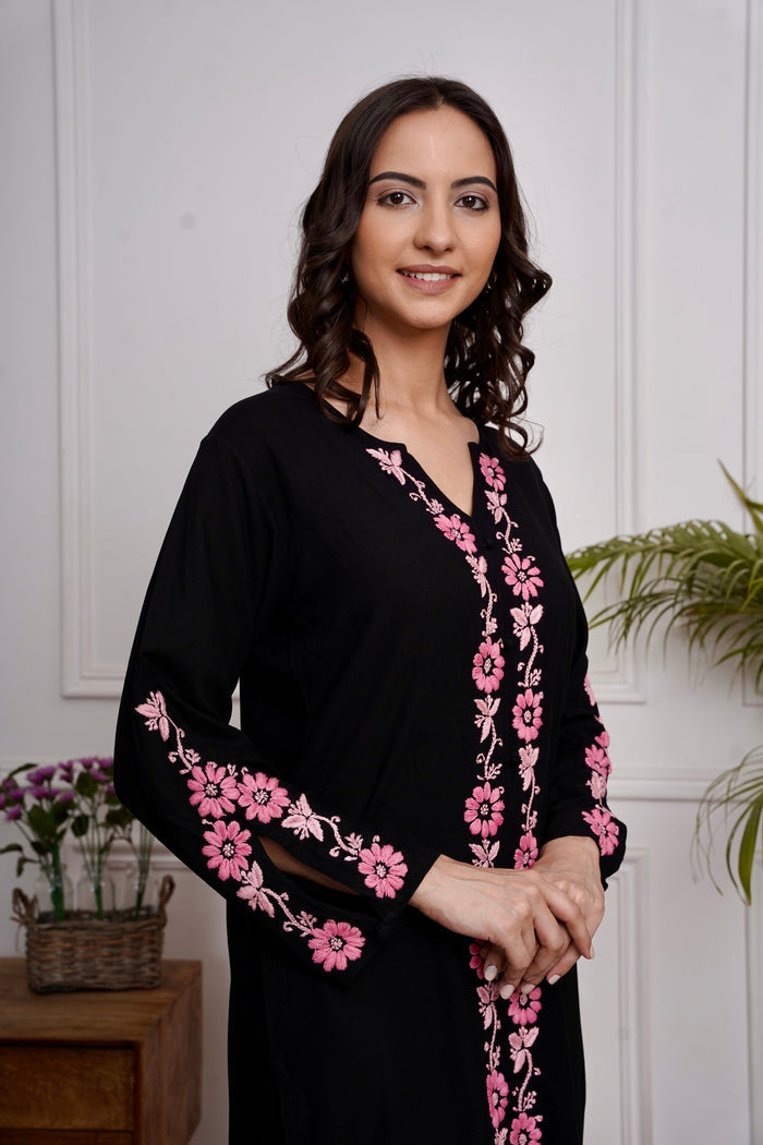 Saba Chikankari Long Kurta in Rayon Cotton - Black