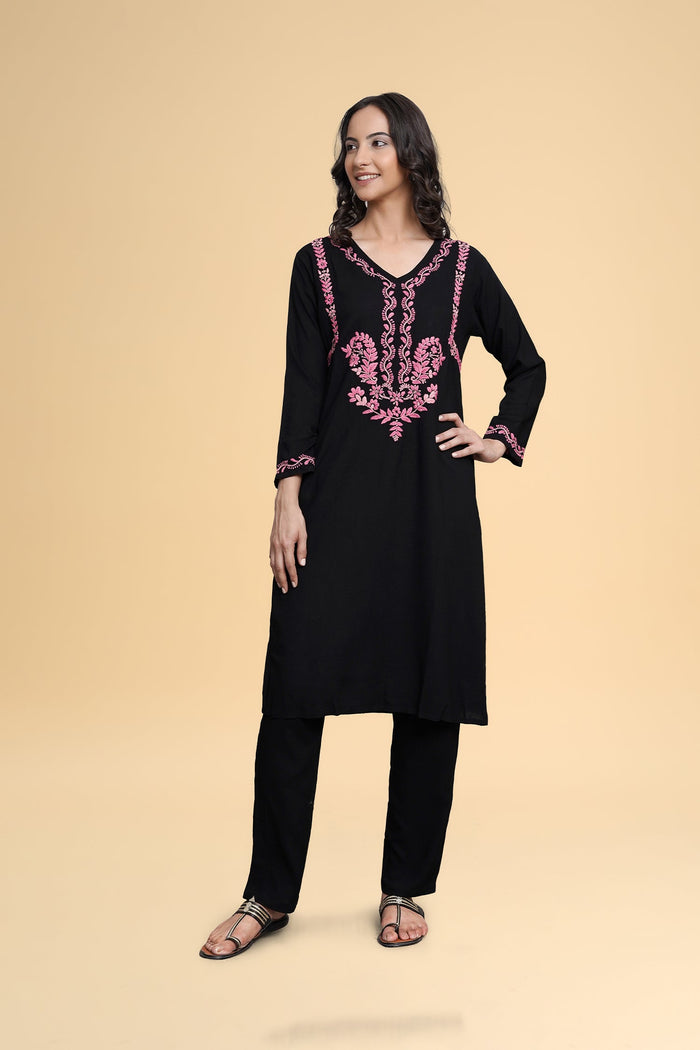 Saba Chikankari Long Kurta in Rayon Cotton - Black
