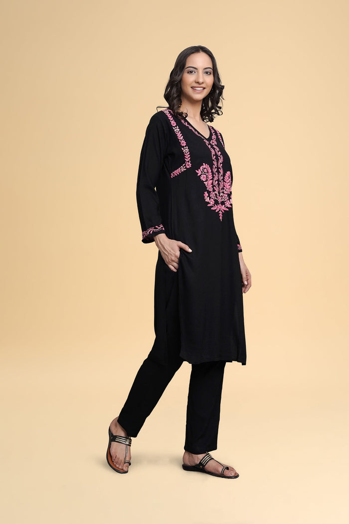 Saba Chikankari Long Kurta in Rayon Cotton - Black