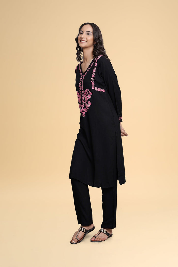 Saba Chikankari Long Kurta in Rayon Cotton - Black