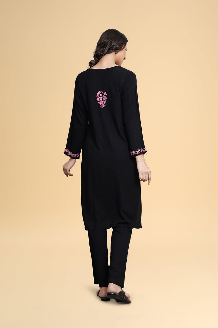 Saba Chikankari Long Kurta in Rayon Cotton - Black