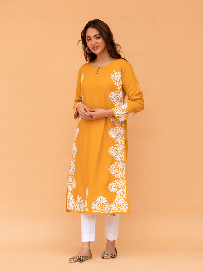Saba Chikankari Long Kurta in Rayon cotton - Mustard