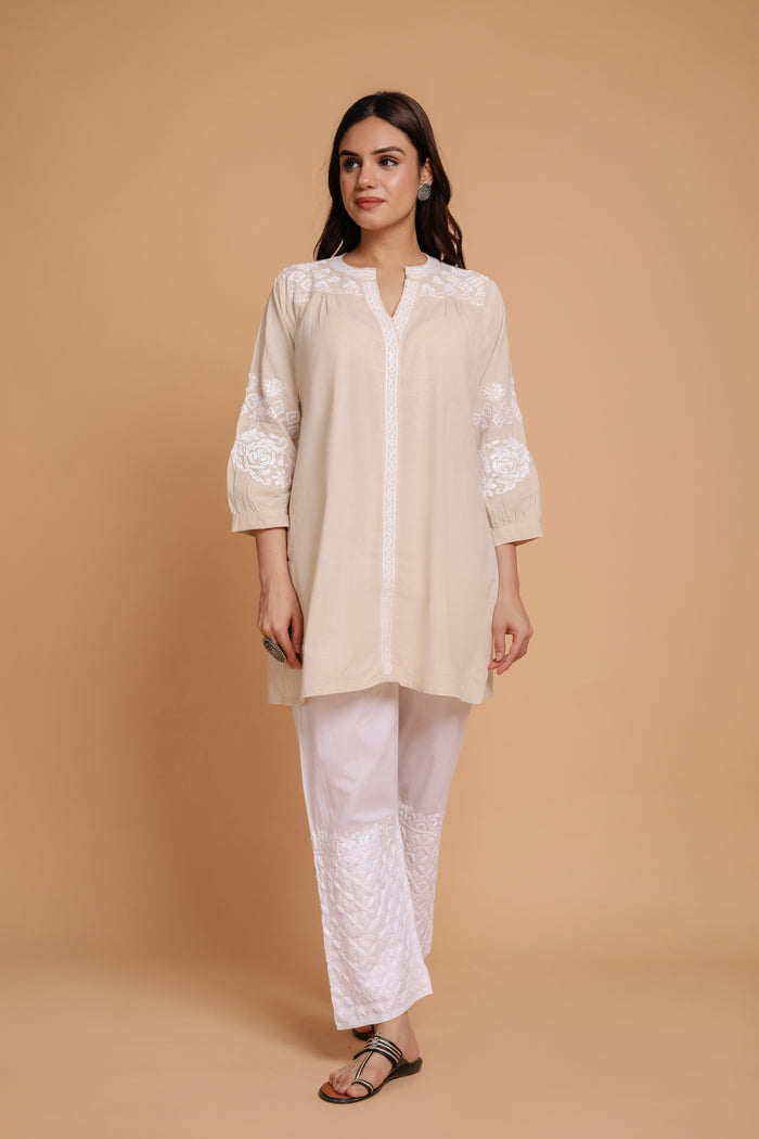 Saba Chikankari Short kurta in Slub Cotton - Beige