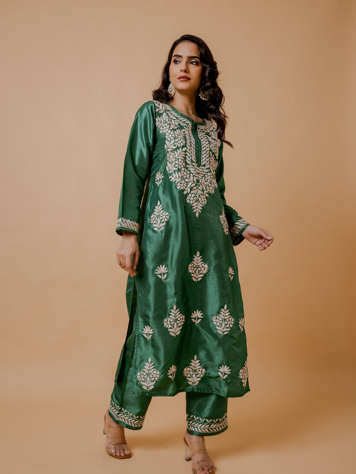 Saba Silk Chikankari Kurta Set for Women - Mehndi Green