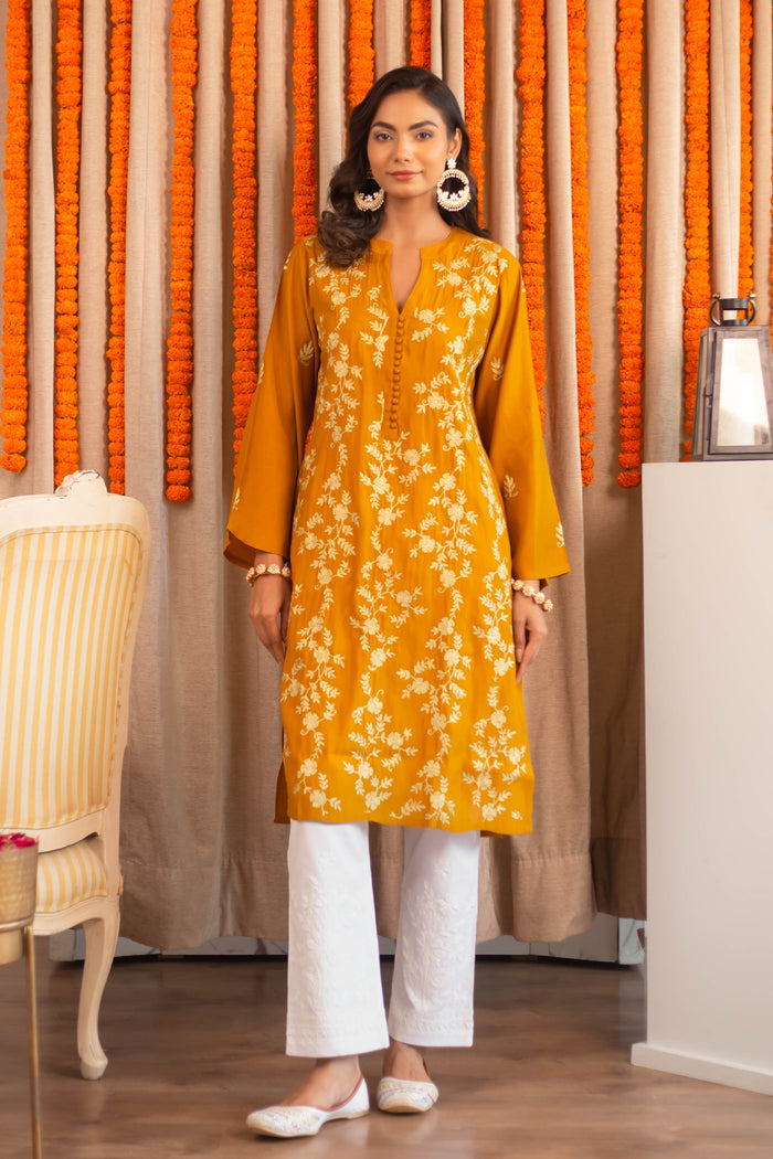 Saba Zari Work Long Kurta In Muslin - Mustard