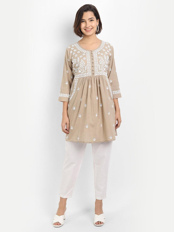 Sakshi & Jinal in Chikankari Hand embroidery tunic-Brown - House Of Kari (Chikankari Clothing)