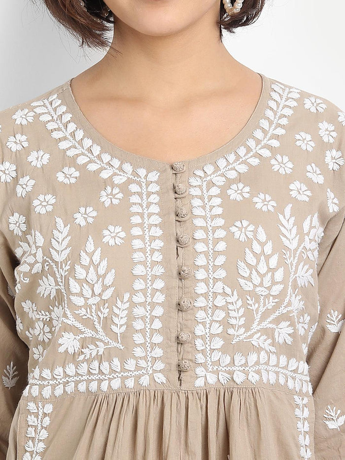 Sakshi & Jinal in Chikankari Hand embroidery tunic-Brown - House Of Kari (Chikankari Clothing)