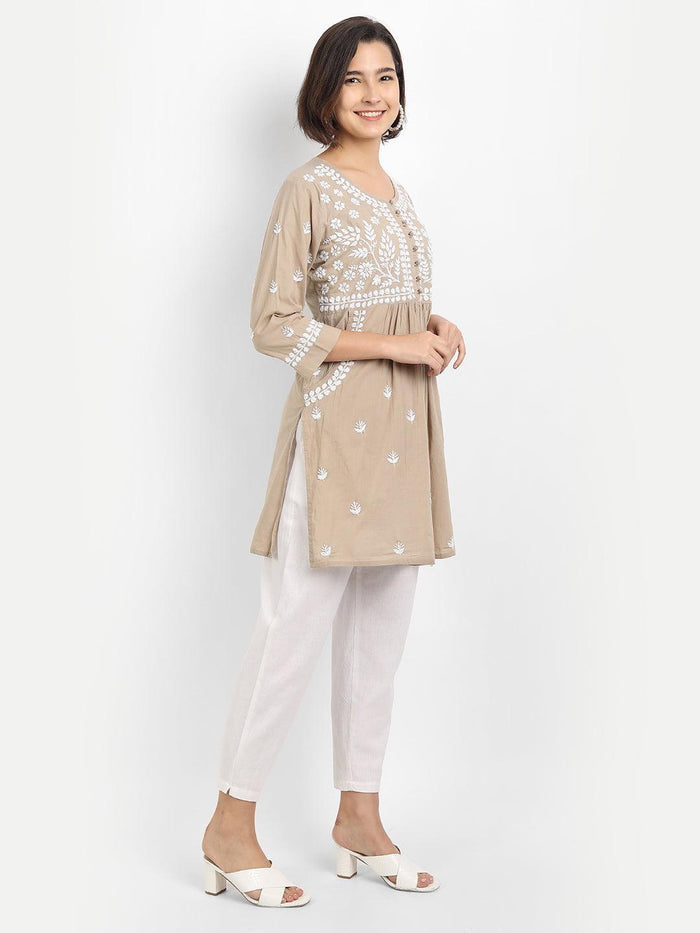 Sakshi & Jinal in Chikankari Hand embroidery tunic-Brown - House Of Kari (Chikankari Clothing)