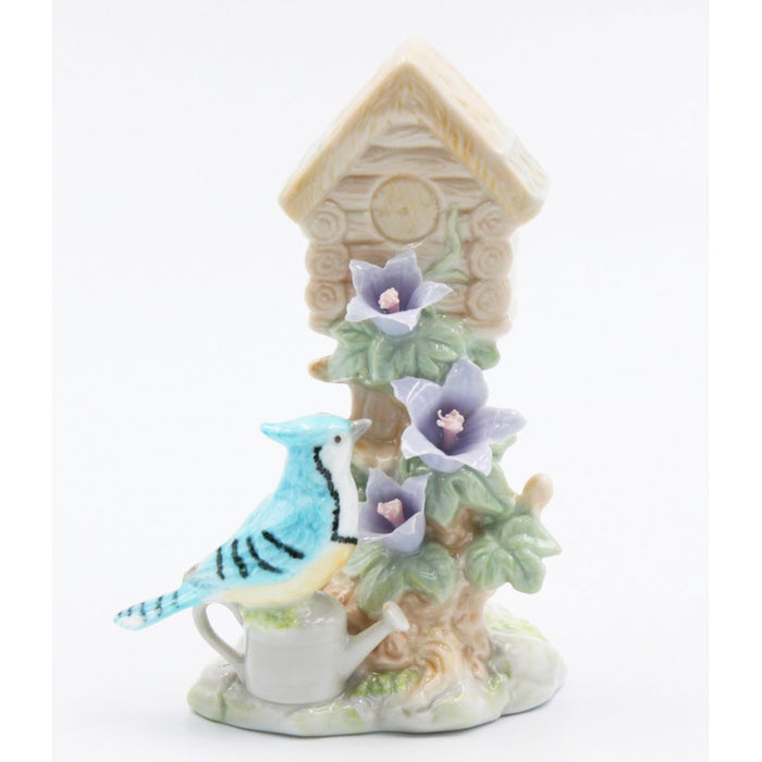 "Sale" Fine Porcelain Figurine - Blue Jay on Watercan Bird House 96288