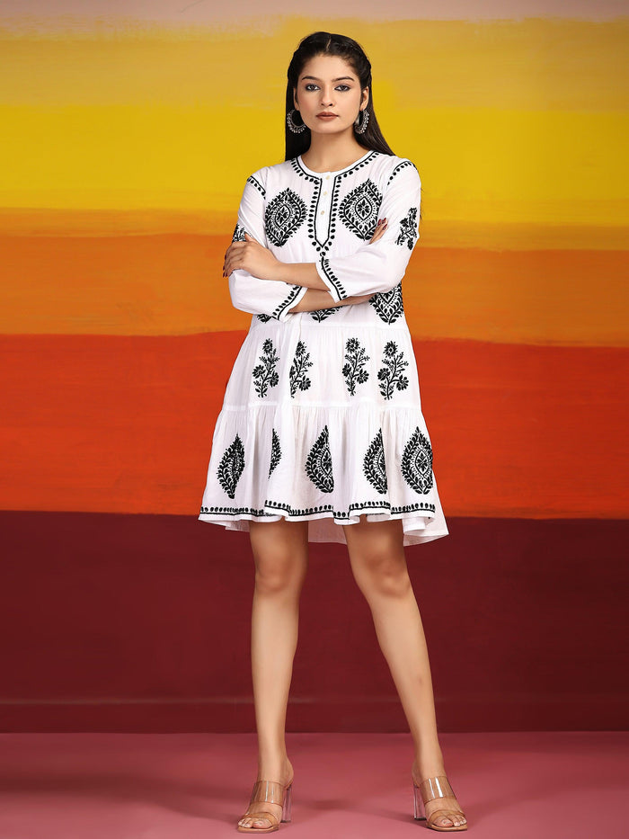 Samma Chikankari Dress In Cotton for Women- White With Black - House Of Kari (Chikankari Clothing)