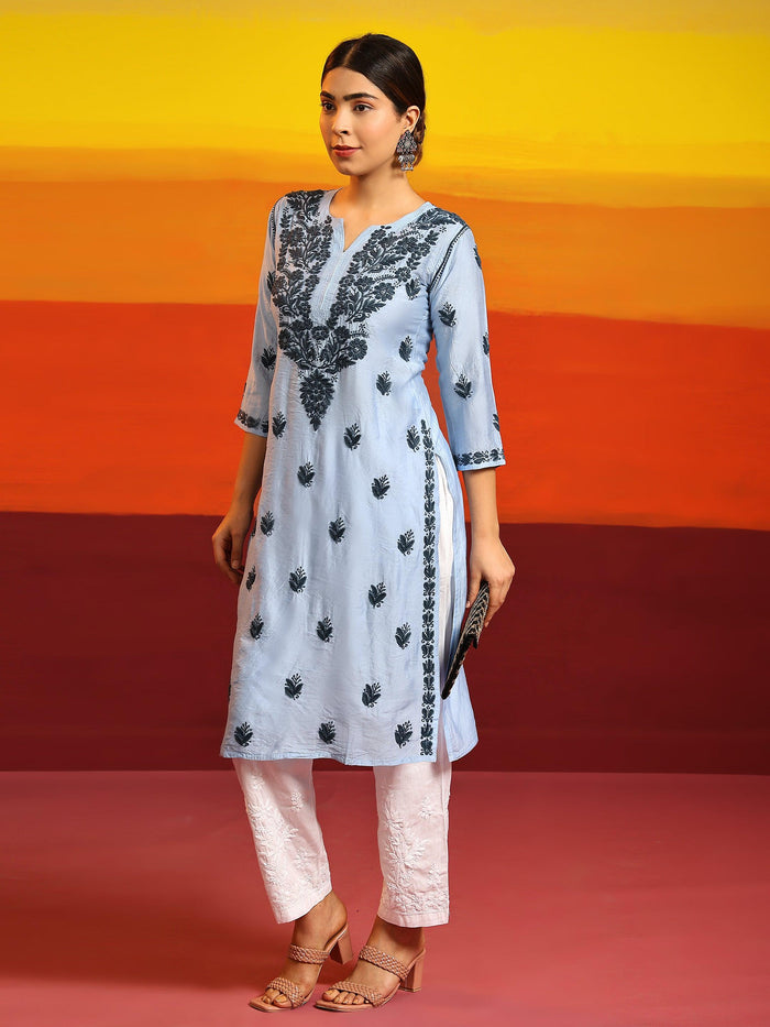 Samma Chikankari Long Kurta in Chanderi Silk for Women- Sea Blue - House Of Kari (Chikankari Clothing)