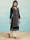 Samma Chikankari Long Kurta in Rayon Cotton for Women- Black With White - House Of Kari (Chikankari Clothing)