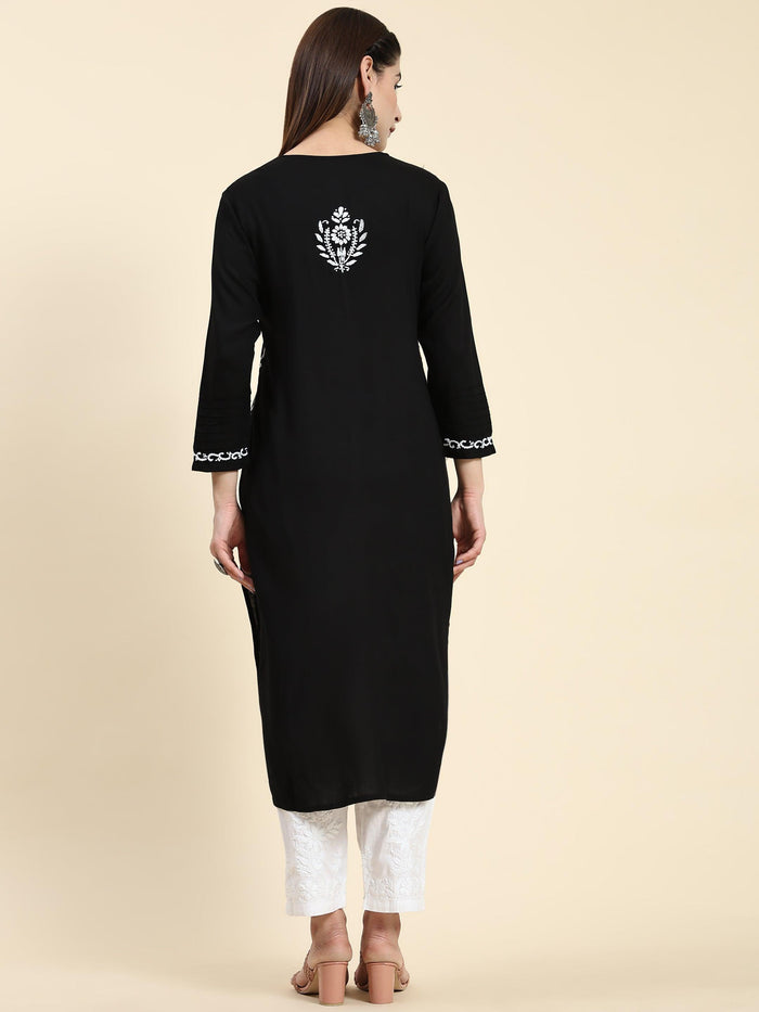 Samma Chikankari Long Kurta in Rayon Cotton for Women- Black With White - House Of Kari (Chikankari Clothing)