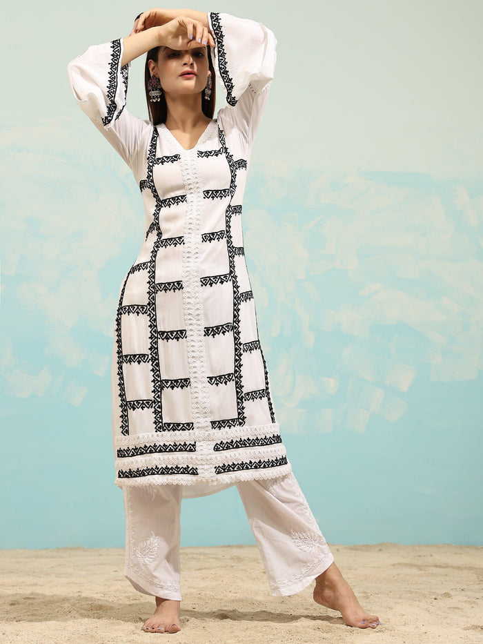 Samma Chikankari Long Kurta in Rayon Cotton for Women- White With Black - House Of Kari (Chikankari Clothing)