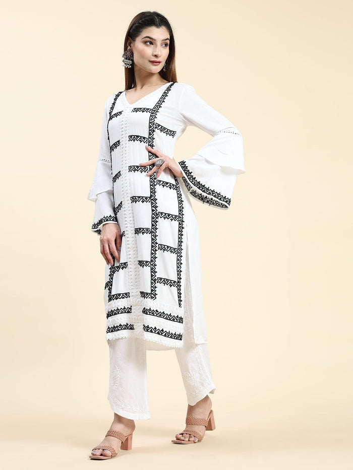 Samma Chikankari Long Kurta in Rayon Cotton for Women- White With Black - House Of Kari (Chikankari Clothing)
