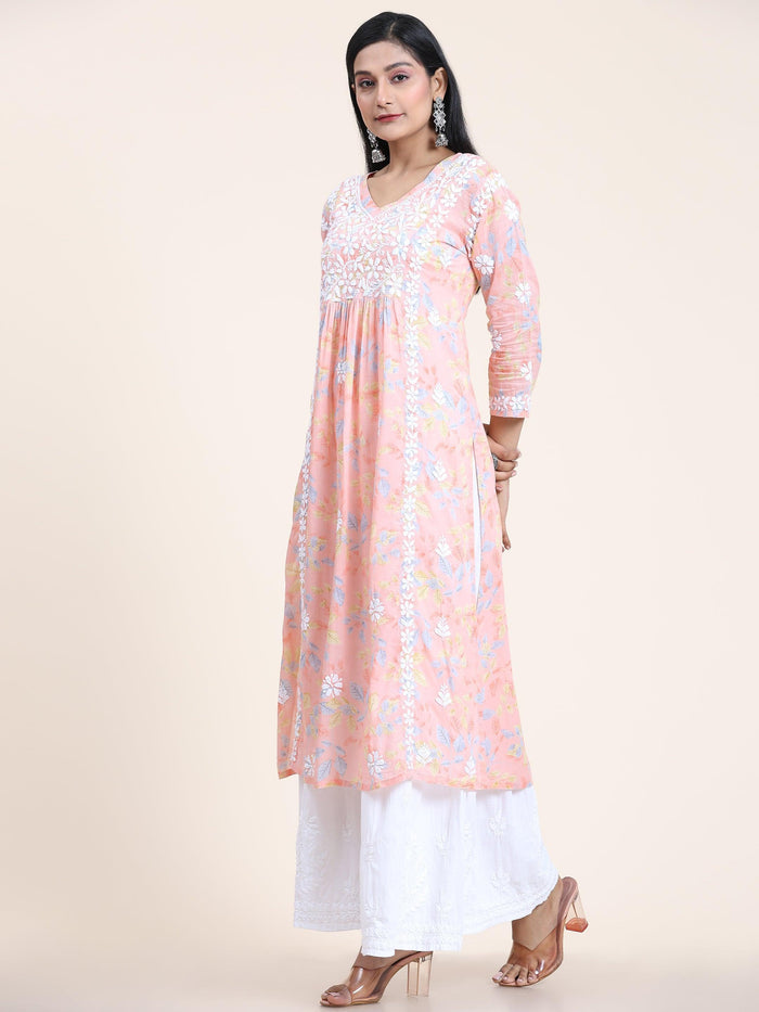 Samma Mul Printed Hand Embroidery Chikankari Kurta- Peach - House Of Kari (Chikankari Clothing)