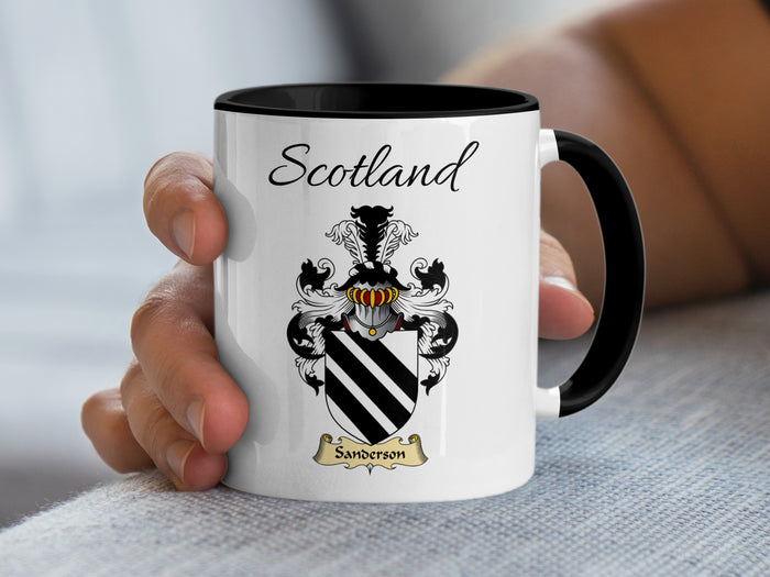 Sanderson Scottish family crest accent mug with Scotland above the coat of arms design