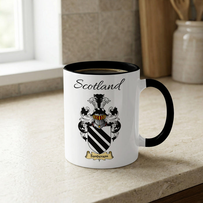 Sanderson Scottish family crest accent mug with Scotland lettering and coat of arms artwork