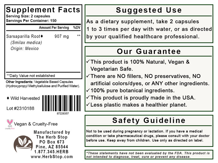 Sarsaparilla Root Capsules Label - Back