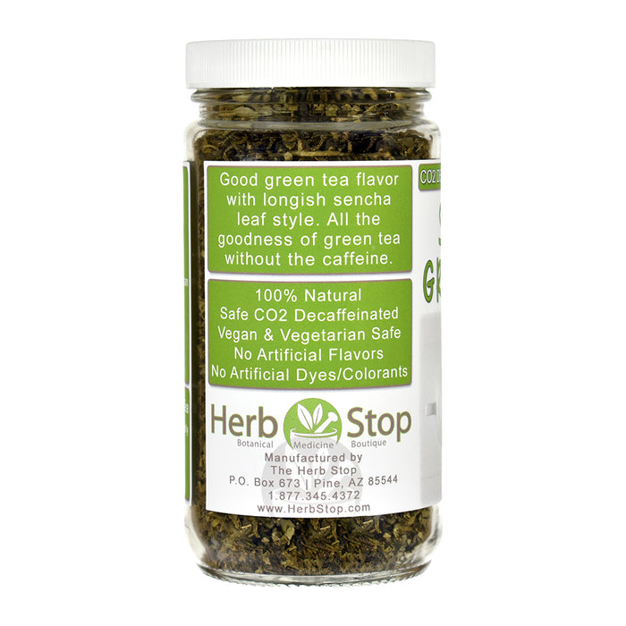 Jar of Decaf Sencha green tea with Herb Stop label on a white background