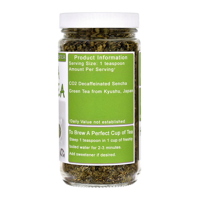 Jar of Decaf Sencha Green tea with a label on a white background