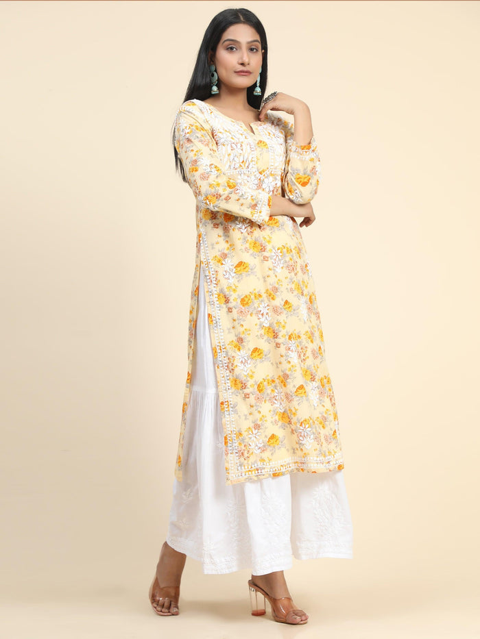 Shivani in Noor Mul Printed Hand Embroidery Chikankari Kurta- Yellow - House Of Kari (Chikankari Clothing)