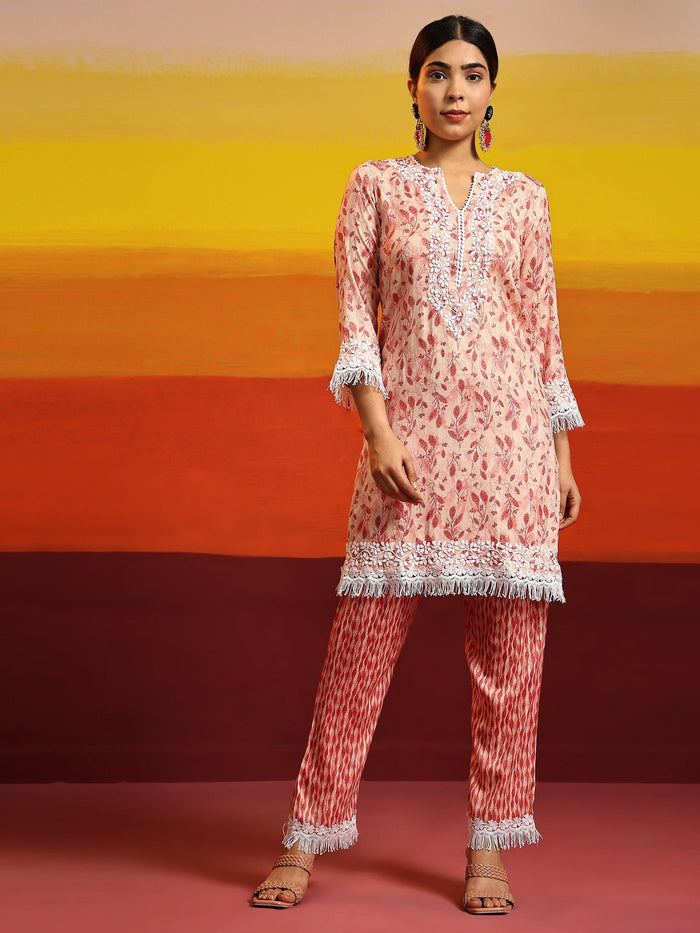 Simran in Samma Chikankari Co-ord set in Cotton for Women- Pink - House Of Kari (Chikankari Clothing)